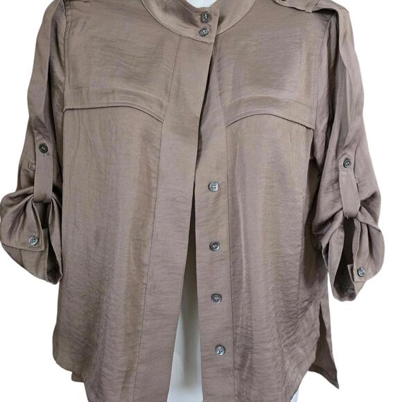 BCBGMaxAzria Tops - BCBG Women's Taupe Button-Up Blouse with Roll-Tab Sleeves